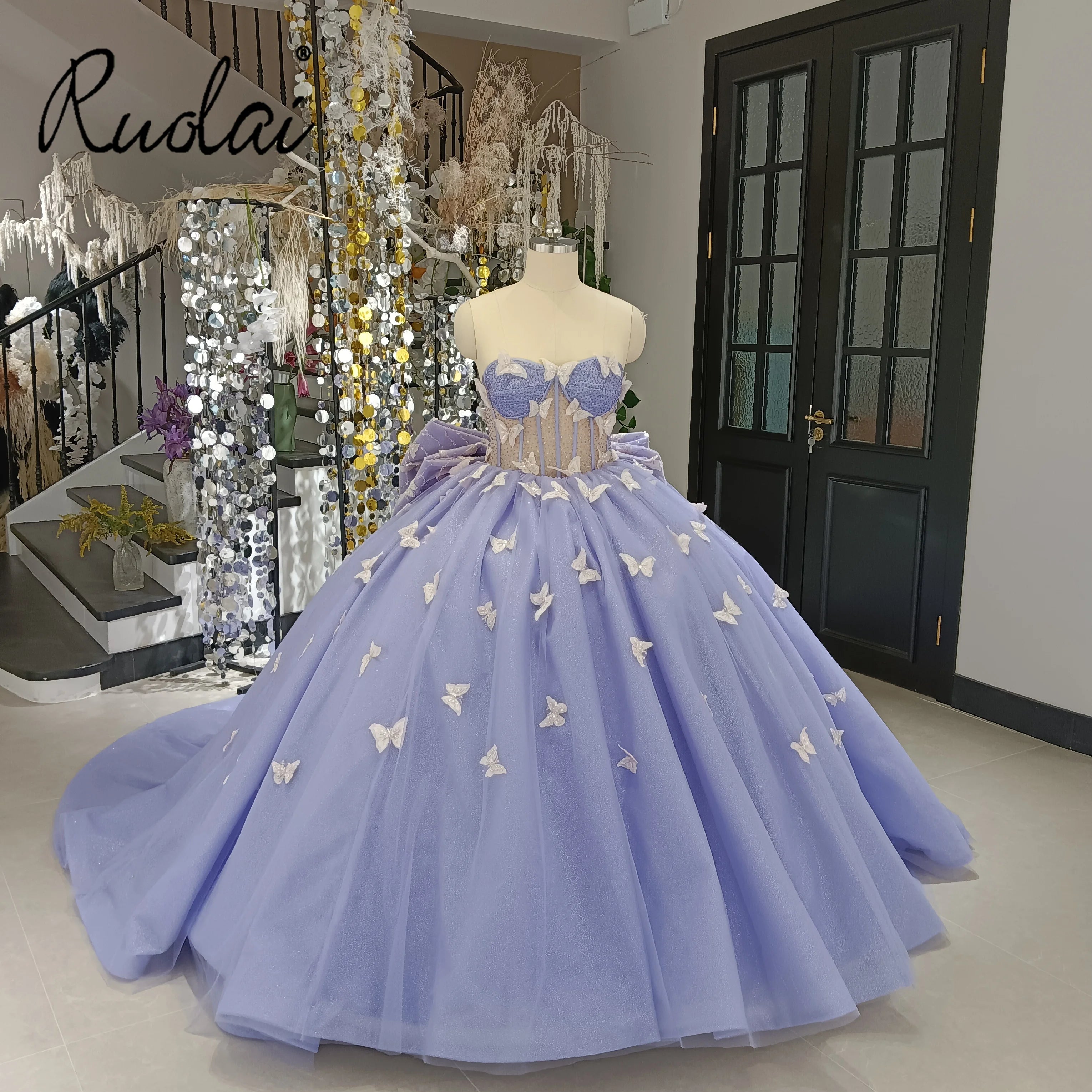Ruolai LWC6975 Fairy Purple Sweetheart Neck Back With Bow Butterfly Ball Gown Evening Party Gown Quinceanera Dresses