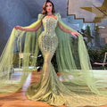 Jancember SZ443 Crystal Sequins Beaded Lime Green Mermaid Evening Party Formal Dresses With Shawl