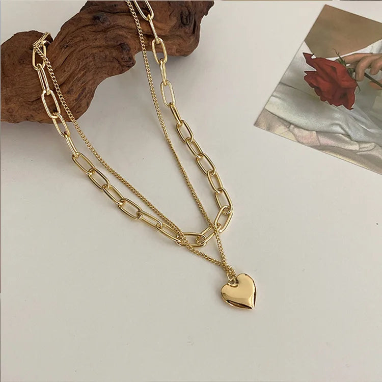 Tik Tok Hot Selling Fashion Heart Pendant Multi-layer NECKLACE 14K Gold Plated Wool Clothing Chain for Women