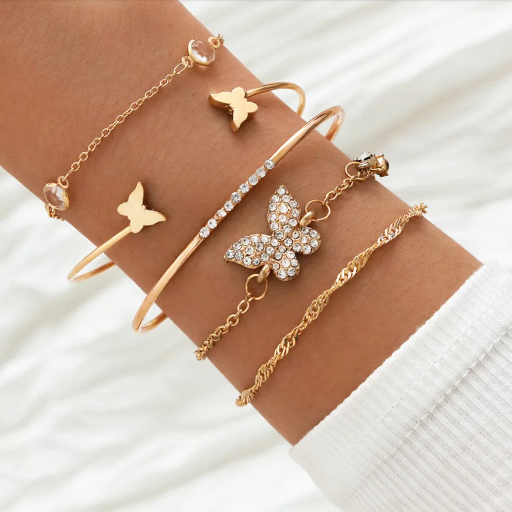 Fashion Jewelry 5Pcs Gold Plated Butterfly Bangle Bracelet Sets Boho Cubic Zirconia Butterfly Bracelet for Women