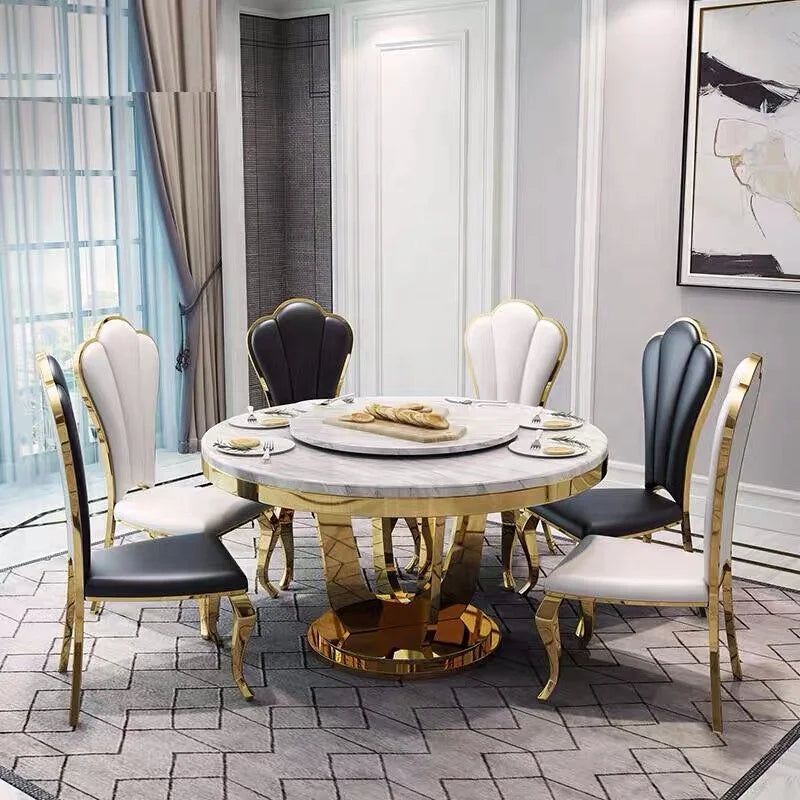Home Design Luxury Round Marble Dining Table Whit 6 Chairs Golden Steel Frame Dining Room Furniture Set Modern Dining Tables Set