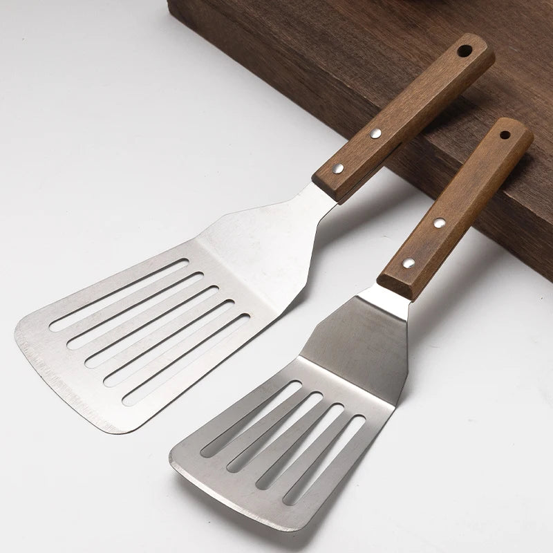 High Grade Hollow BBQ Spatula Set Stainless Steel Wooden Handle Japan Mini Spatula Teppanyaki Kitchen Utensils Cooking Tool Sets