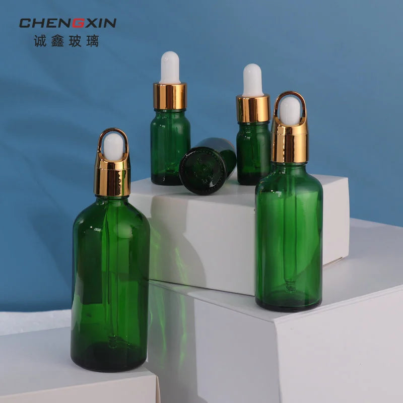 In-Stock 50ml 30ml 10ml Green Glass Essential Oil Bottles Screw Cap for Essential Oils Essence for Skin Care Cream Box Packed
