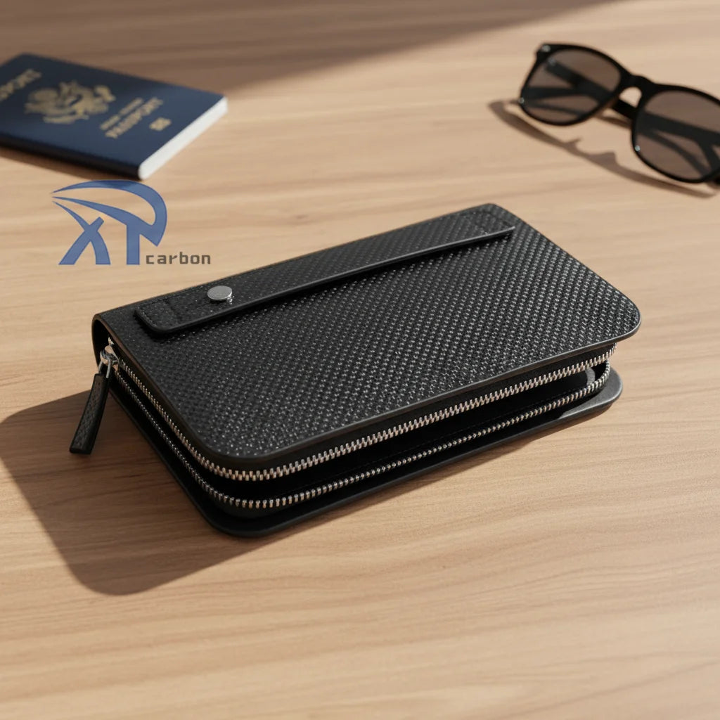 Promotional PU  Carbon Fiber Twill and Plain Matte and Bright Business Waterproof Wallet Zipper Wallet