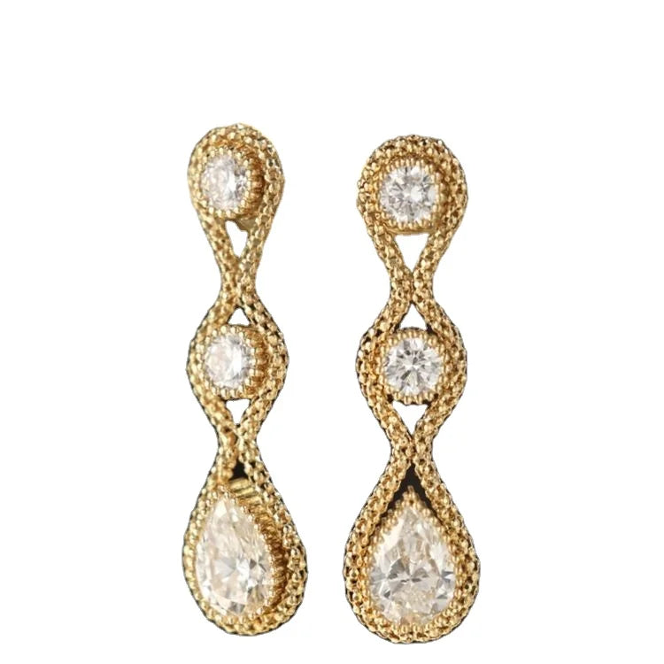 Ruyi Luxury 18k Solid Gold Diamond Earrings Vintage Princess round and Pear Shape Lab Created Gold Earrings