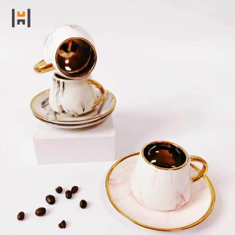 Wholesale Marble Luxury Espresso Coffee Cups and Saucers 12PCS Sets of Turkey Afternoon Gold-Plated Cups&Saucers
