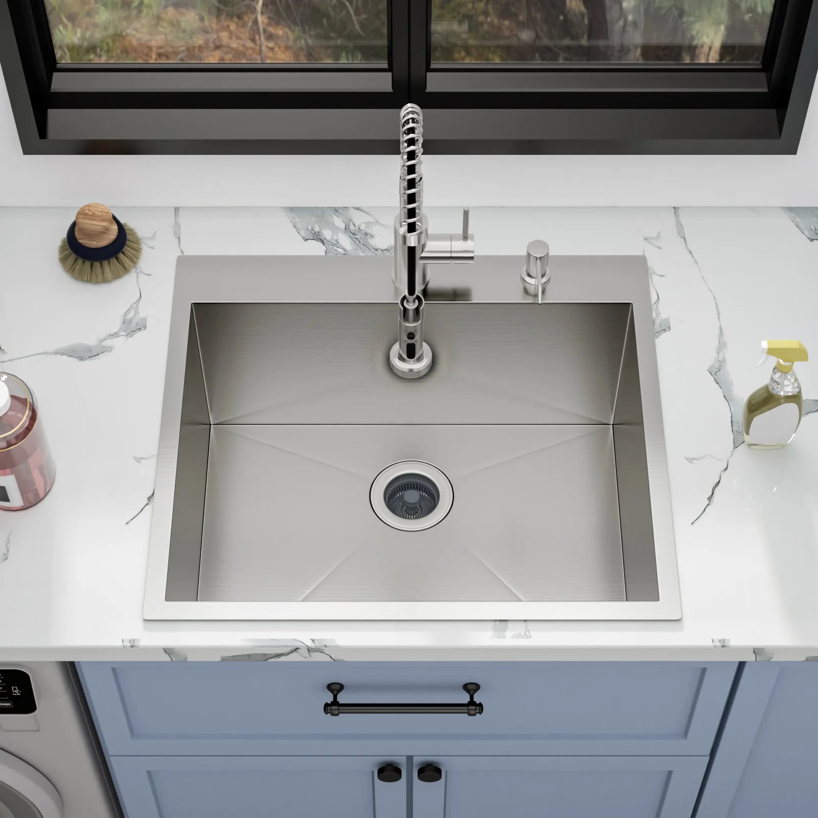 US Warehouse 16 Gauge Stainless Steel Brushed Single Bowl 25*22*12 Inches Drop-in CUPC Laundry Sink with Faucet&Soap Dispenser