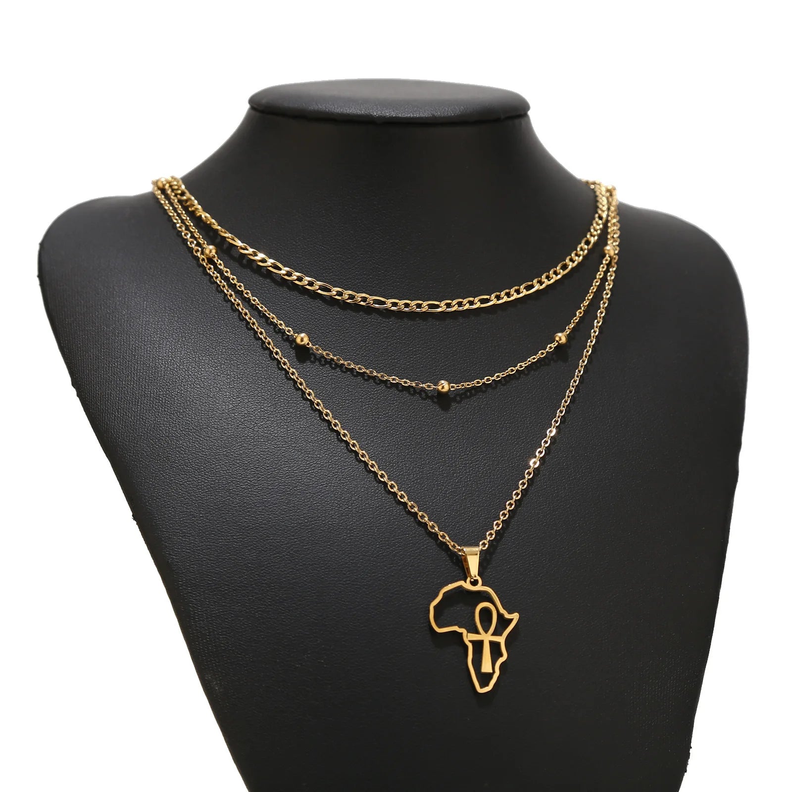 Manufacturer Africa Map Multi Layer Chain Necklace Stainless Steel 18K Real Gold Plated Africa Map Pendant Necklace