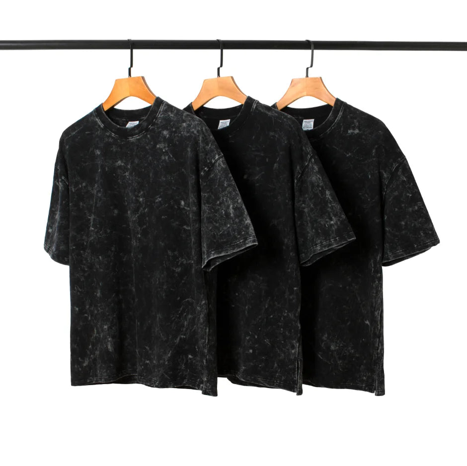 Men's Punk Gothic Hip Hop Oversized Knitted Breathable Vintage T-shirt Heavy Cotton Washed Black Harajuku Streetwear Clothing