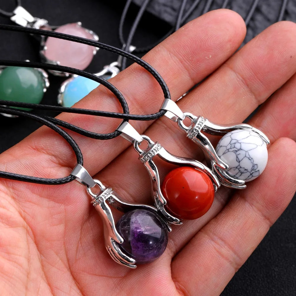 Silver Hand Claw Round Stone Ball Pendant Necklace Healing Reiki Crystal Rose Quartz Hand Hold Ball Necklace