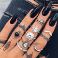 Popular Retro Black Gem Moon Crown Water Drop Leaf Geometric Ring 11 Piece Ring Set