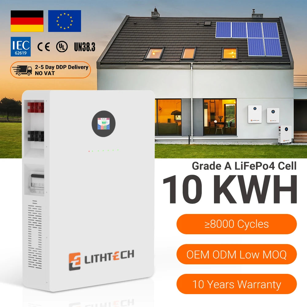 LITHTECH Lifepo4 Lithium Ion Batteries 51.2V 48V 5Kwh 10Kwh 15Kwh 100Ah 200Ah 300Ah Wall Mounted Solar Energy Battery Home Use