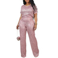 Liu Ming 2024 Women's Casual Solid Pattern Sequin 2-Piece Set O-Neck Long Sleeve Tops & Ankle-Length Wide Leg Pants for Parties