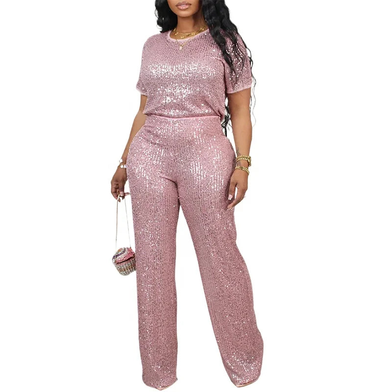 Liu Ming 2024 Women's Casual Solid Pattern Sequin 2-Piece Set O-Neck Long Sleeve Tops & Ankle-Length Wide Leg Pants for Parties