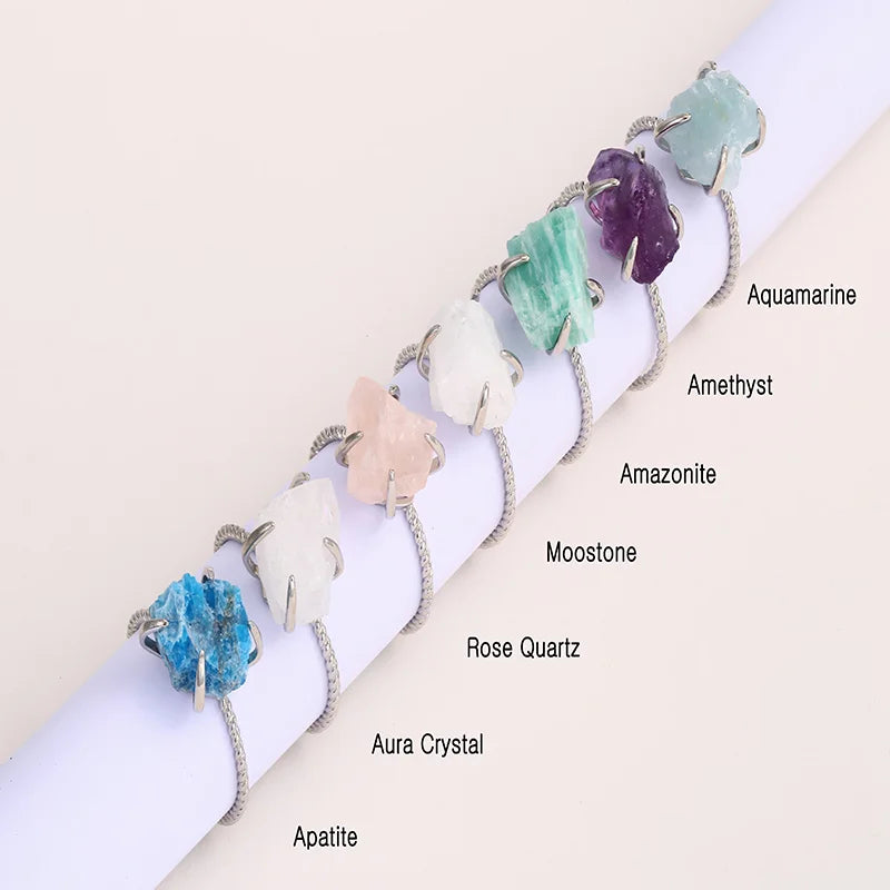 925 Sterling Silver Natural Stone Aquamarine Rose Quartz Irregular Shape Adjustable Engagement Rings for Women Men Wedding