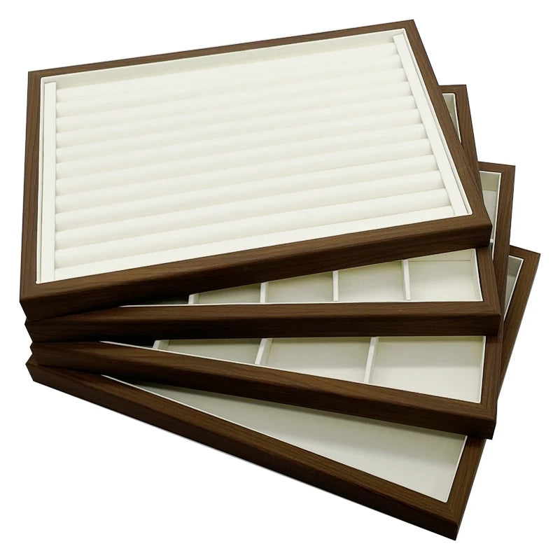 Wholesale Brown Walnut Wooden Plate Jewelry Salver Empty Tray  Ring  12 Slots 24 Slots Jewelry Display Tray White Inside
