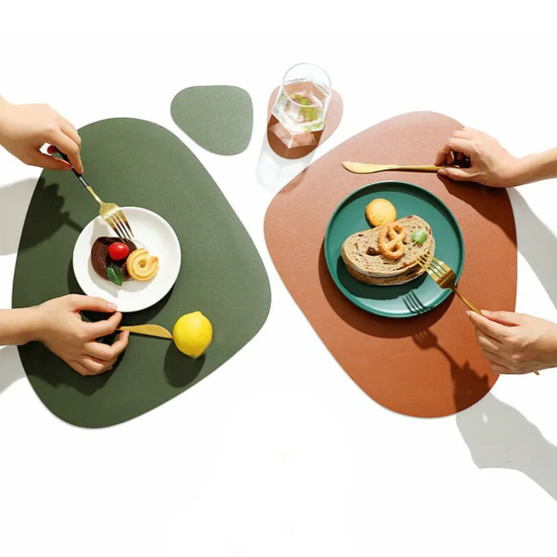 Dining Placemat Irregularity PU Leather Dining Mats Sets Waterproof Table Mat Placemat With Coaster