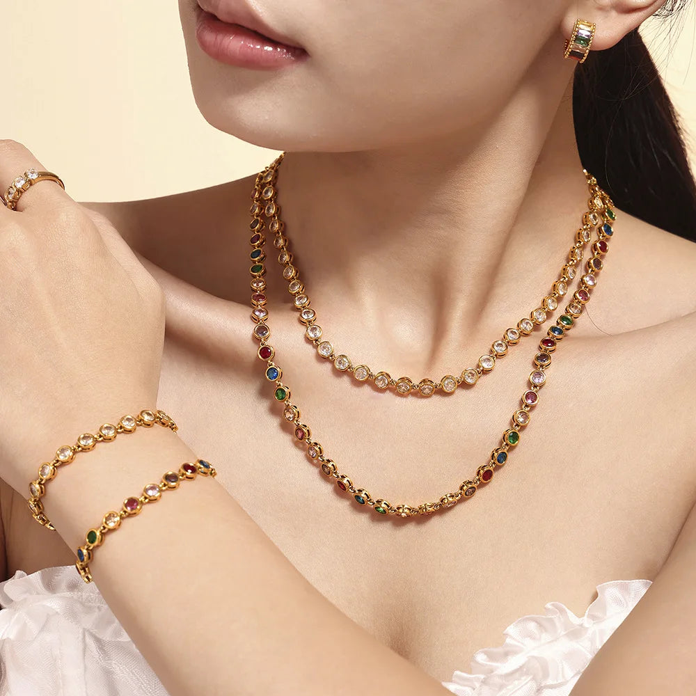 DAIHE Colorful Cubic Zircon Chain Necklace Bracelet Set Statement Charm PVD Stainless Steel Jewelry Set for Women Gift