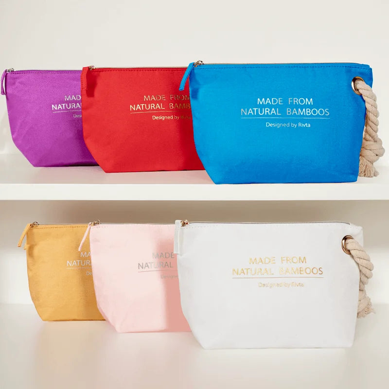 Manufacturers Oem Custom Logo Colorful Eco Friendly Soft Cloth Bamboo Fabric Toiletry Cosmetic Bag With Wrist Strap