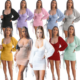 European and American Women's Sexy Slim Fitting Drawstring Pleated Buttocks Long Sleeved Dress