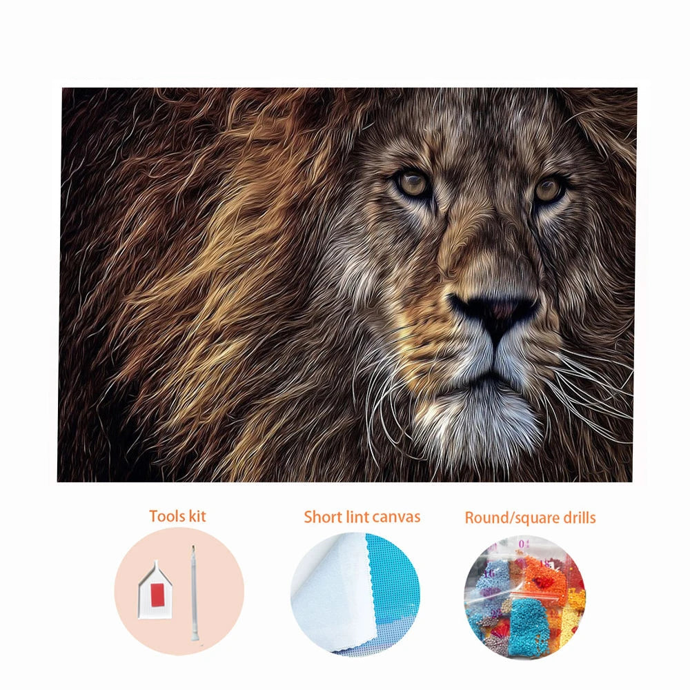 Hot Sale Custom 3d Puzzle Majestic King Lion Round Full Drills Diamond Mosaic Painting for Adults Home Decoration