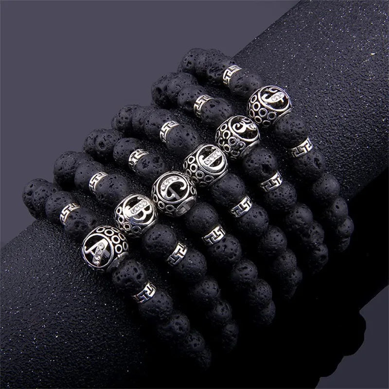 Matte Lava Stone Letter Beaded Bracelet 26 Letter Natural Volcanic Stone Adjustable Elastic Rope Trendy Christian Religious Gift