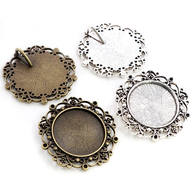 25mm Inner Size Antique Silver Plated Bronze Baroque Style Cabochon Base Setting Charms Pendant Blank Trays