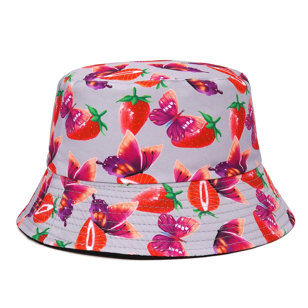 Cotton Strawberry Print Bucket Hat Fisherman Hat Outdoor Travel Sun Cap Hats for Women