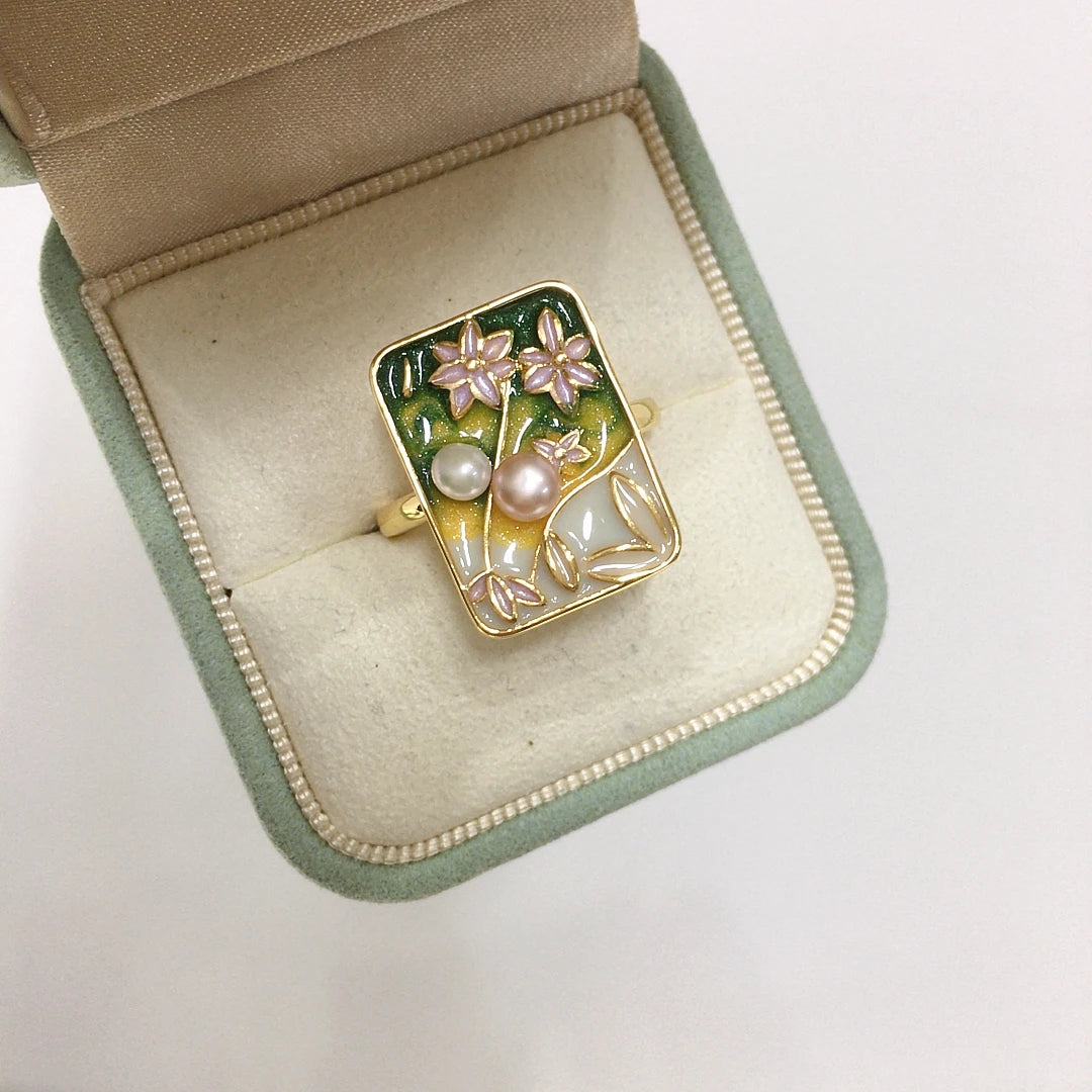 18k Gold Plated Oil Painting Natural Freshwater Pearl Ring Jewelry Women