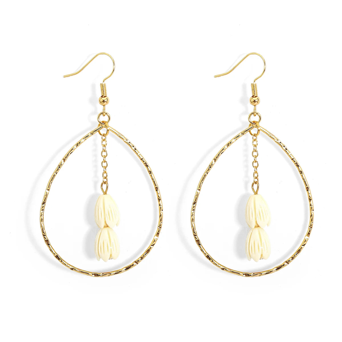 Hawaiian Jewelry Wholesale Gold Teardrop Hoop Earrings with Double Pikake Flower