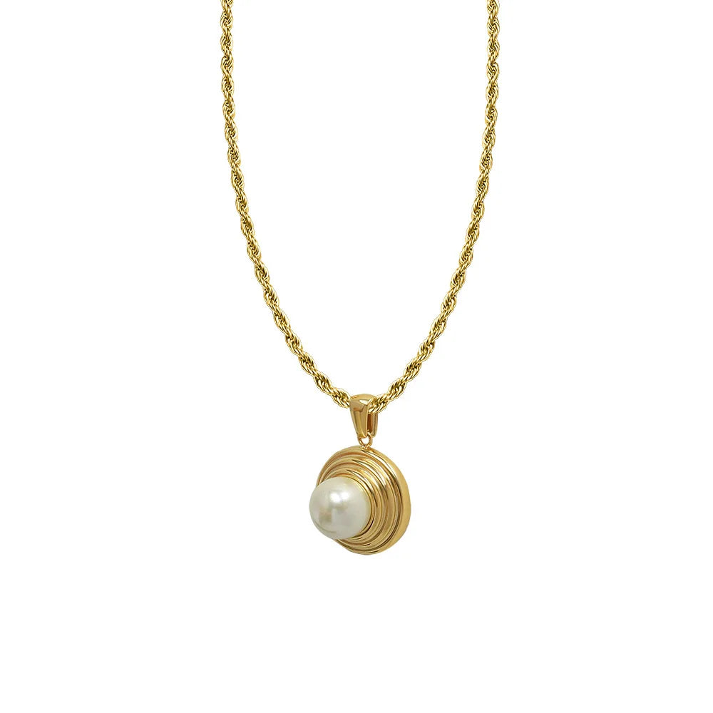 Vintage 18K Gold Plated Round Thread Pattern Pearl Pendant Necklace Statement Jewellery for Girls Gift