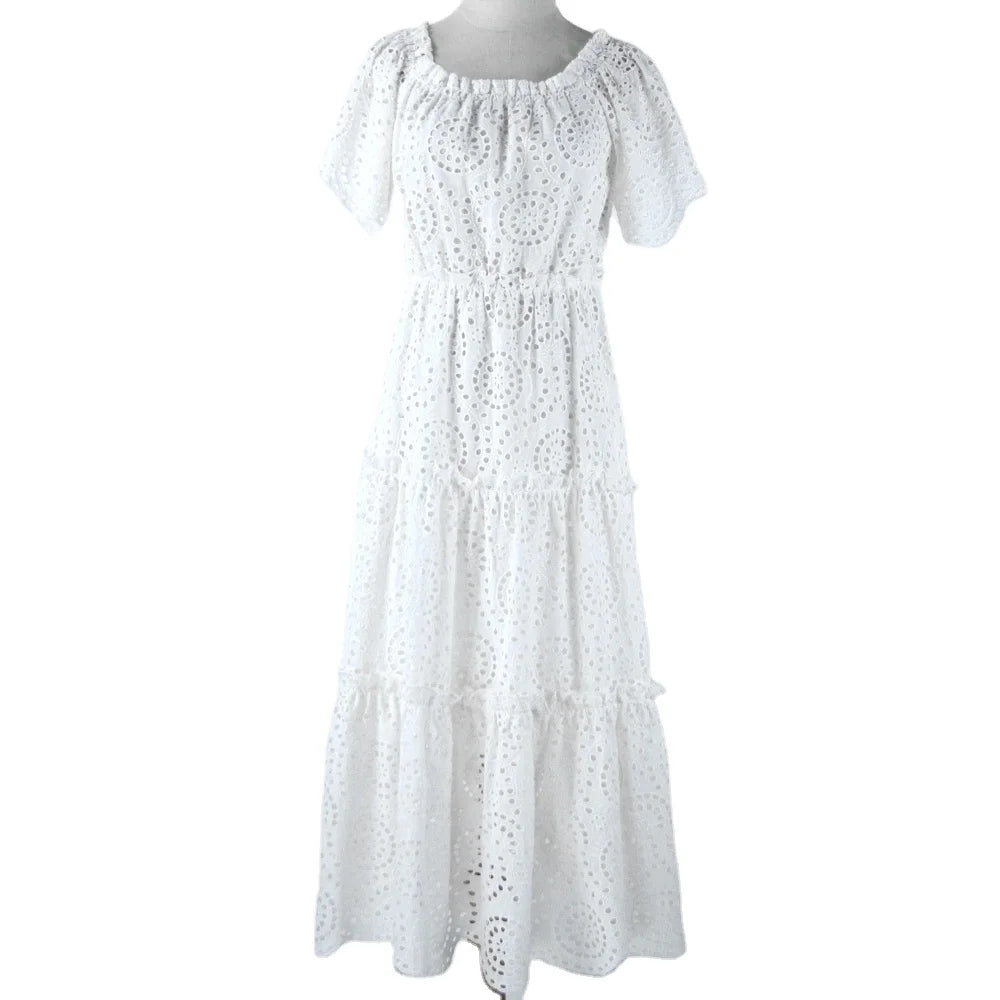 OEM Casual Chiffon Floral Draped Lace Knee-Length Women's White Full Sleeve Vintage Summer Dress MegaBDM