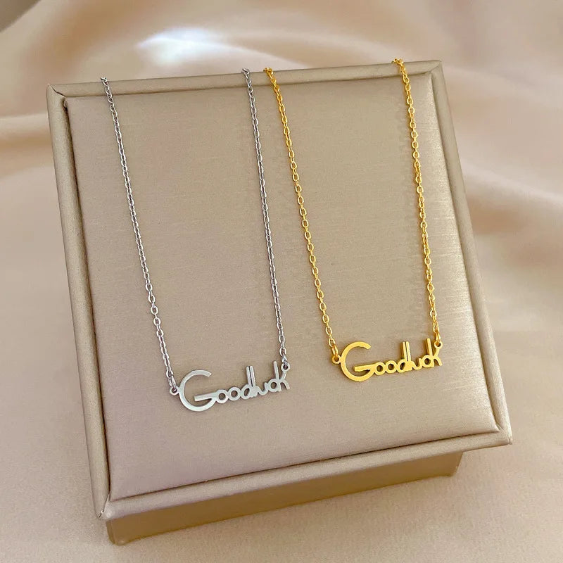 Fashion English Letter Good Luck Pendant Necklace Stainless Steel Chain Gold Plated English Letter Good Luck Choker Necklace