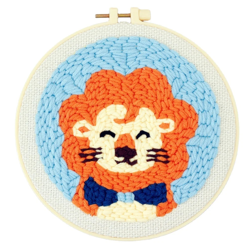 Punch Needle Kit Beginners Lion Cross Stitch DIY Needle Crafts Set with Cotton Fabric Hoop Full Embroidery Monk Cloth