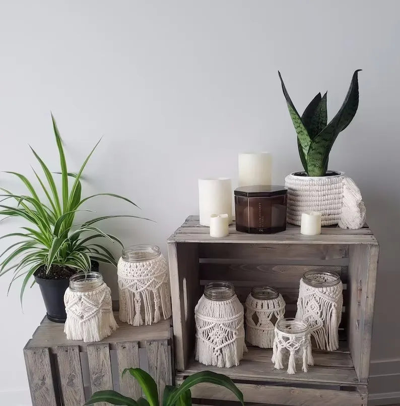 2023 New Customized Handmade Macrame Jar Candle Holders Macrame Vase Wrap Mason Jar Candle Holder W1514