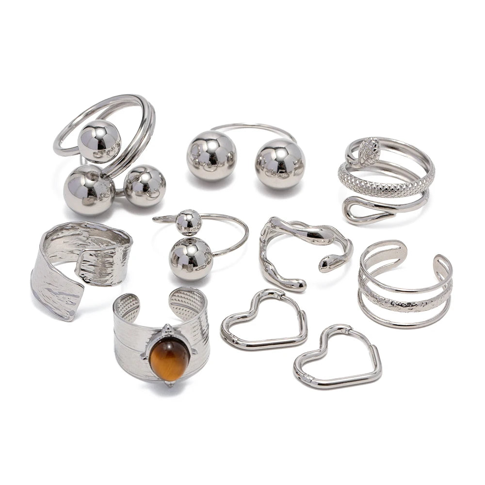 18K Stainless Steel Silver Gold Plated Beads Shaped Open Rings Fashion Jewelry Irregular Layers Ring