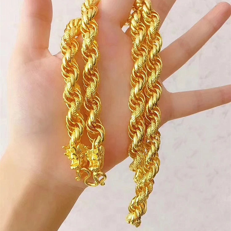 Gold Dubai Double Dragon Brass Blessing Head Necklace Gold Plated Men's Jewelry