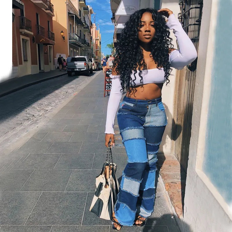 New Fashion High-Waist Tapered Boot-Cut Light Flare Jeans for Women Casual Style Loose Fit Color-Block Patchwork Mid