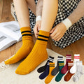 All Match Women Ribbed Design Solid Cotton Crew Socks With Two Stripes