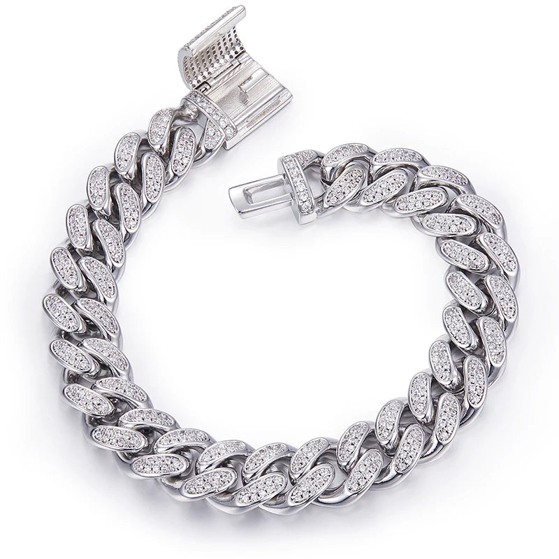 Hot Sale Bling 925 Sterling Silver Moissanite VVS 12MM Cuban Iced Out Hip Hop Link Chain Bracelets for Men