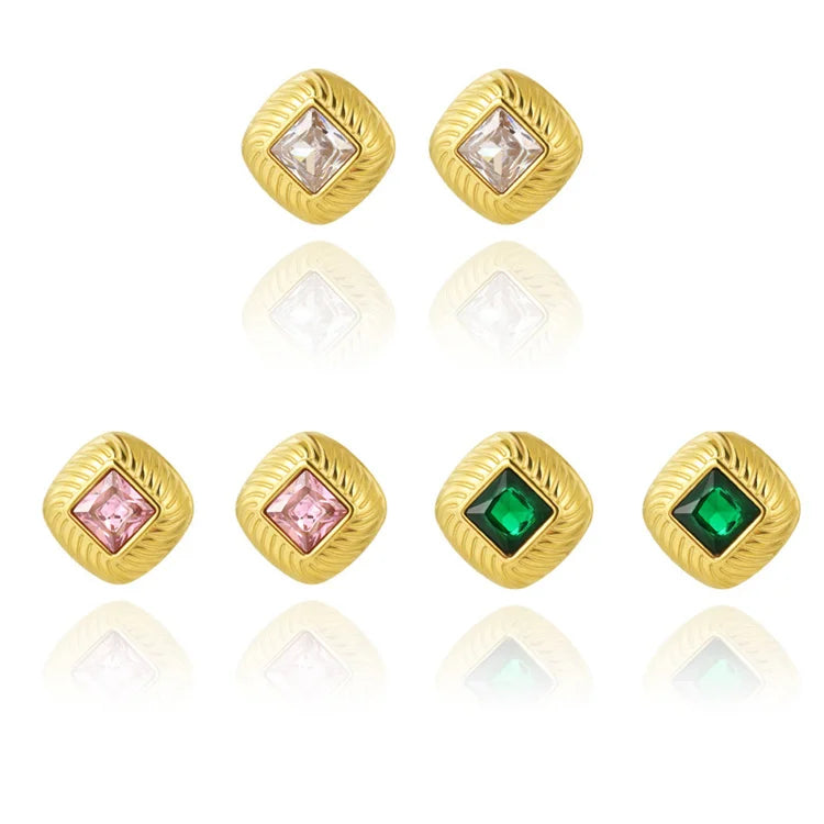 High End Jewelry Stainless Steel Zircon Charm Gold Plated square Stud Earring