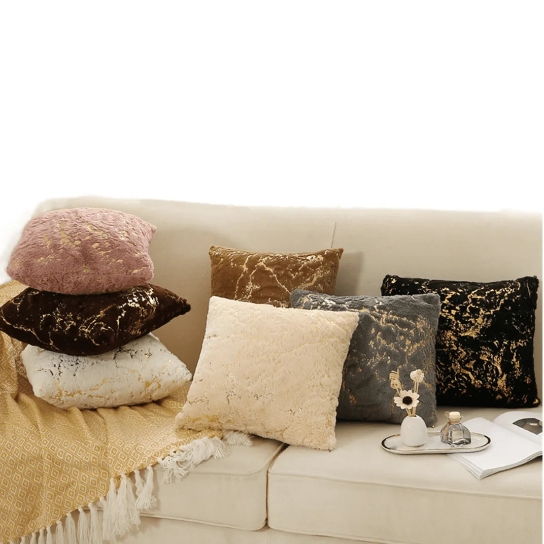 Wholesale Soft Fur Plush Shaggy Fluffy Gold Foil Pillowcase Geometric Print Cushion Cover for Home or Hotel for Sofa Decor
