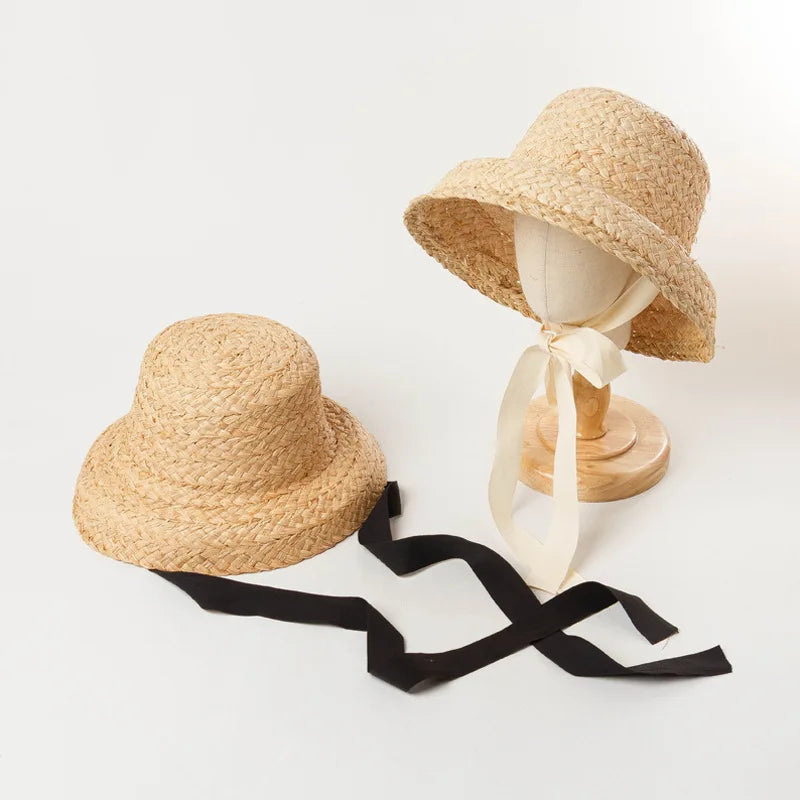 Korean Hand Woven Lafite Retro Flat Top Under Folded Brim Children Straw Hat Boys Girls Travel Holiday Beach Hat Kids