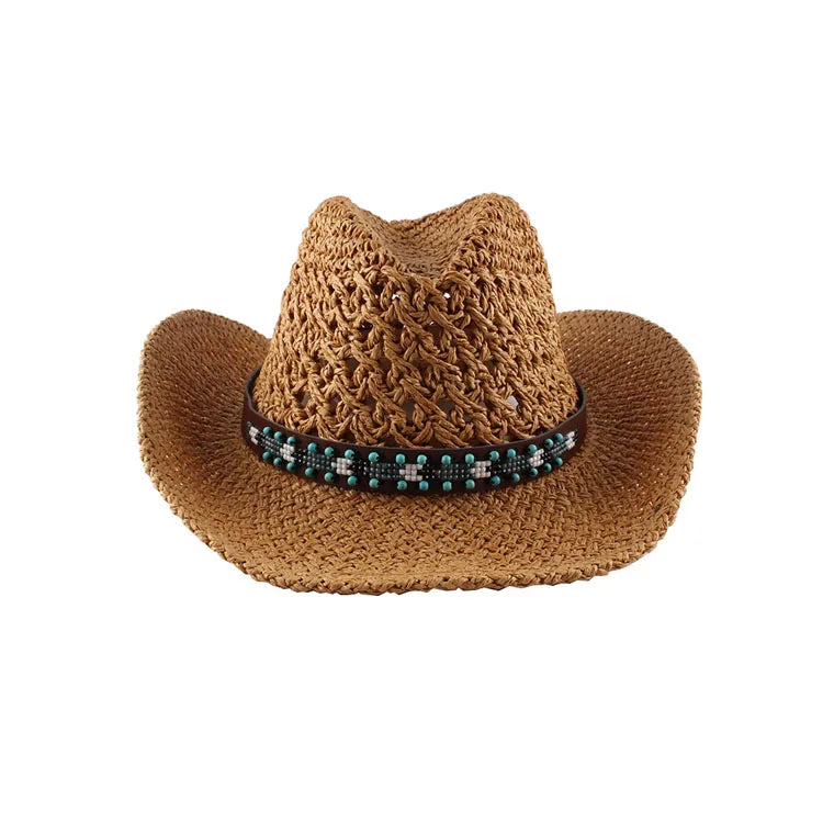 Hollow Western Cowboy Hat & Women New Rolled Big Brim Handwoven Straw Hat