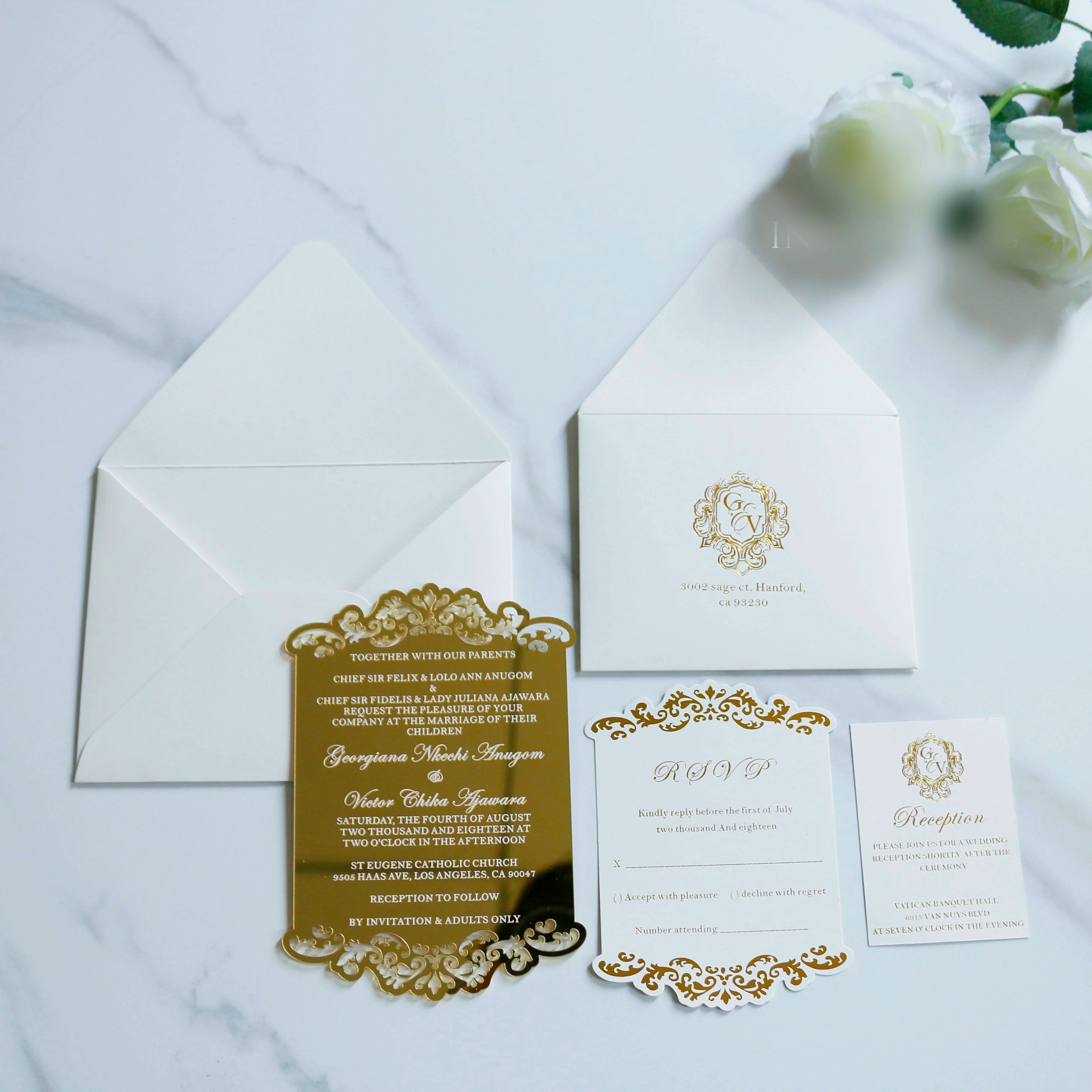 Popular Hollow Out Acrylic Wedding Card with Laser Cut Gold Acrylic Wedding Invitations with Envelope