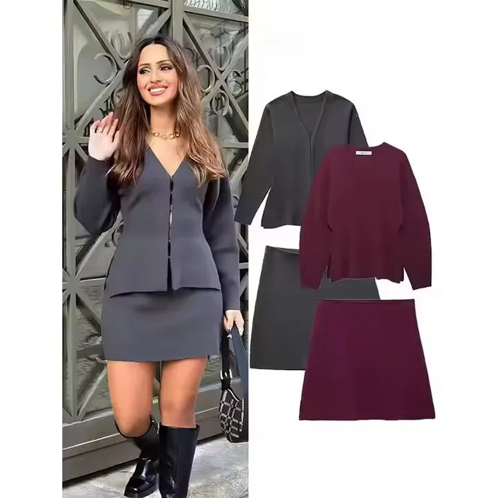 Female Slim Sets Solid V-Neck Long Sleeve Covered Button Cardigan+High Waist Knitted Mini Skirts Women Spring Skirt Suits