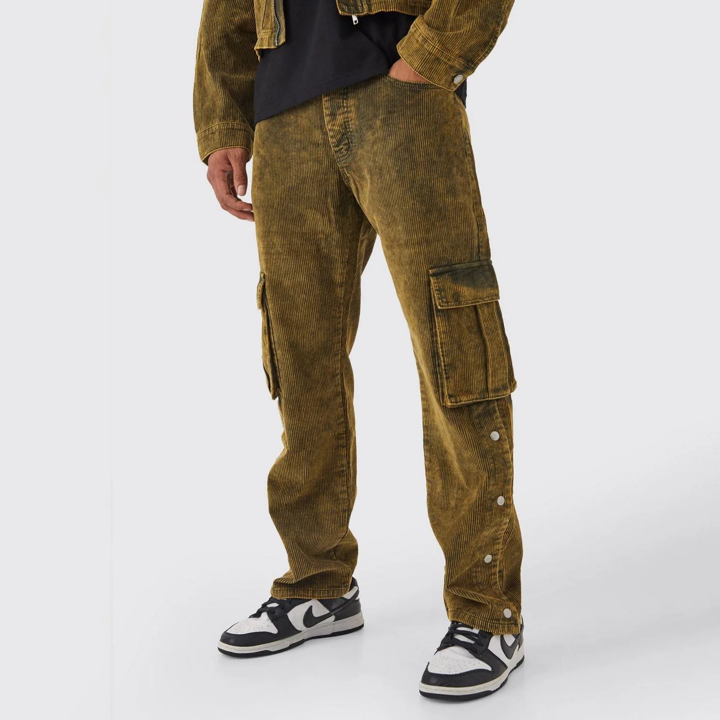 New Fashion Men's Casual Straight Mid Waist Heavyweight Breathable Corduroy Track Cargo Pants Acid Wash