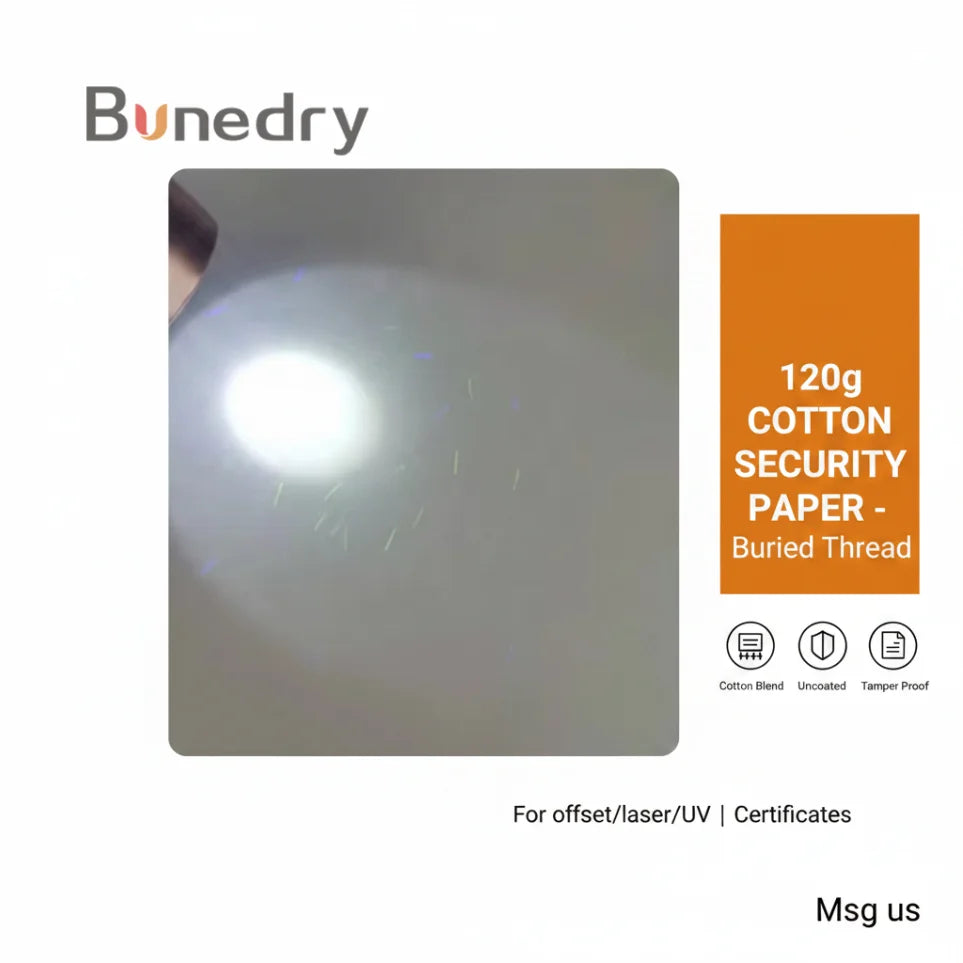 120g Cotton Pulp Security Paper with Fully Buried Thread Uncoated for Certificate Offset Printing