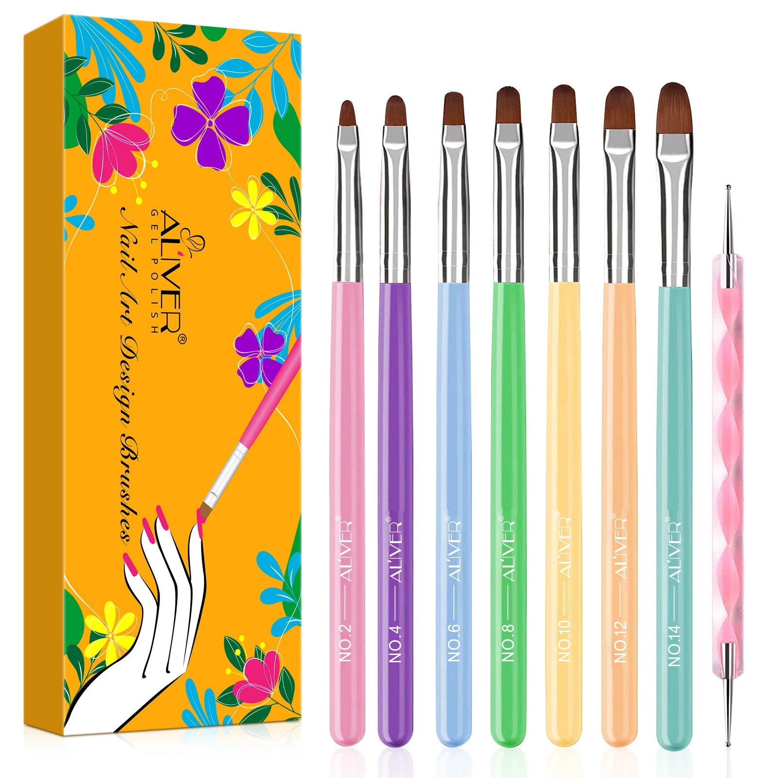 ALIVER Professional Superior Quality Classical Design 7 Different Sizes Nail Art Brush Set 100% Kolinsky Acrylic Nail Brush