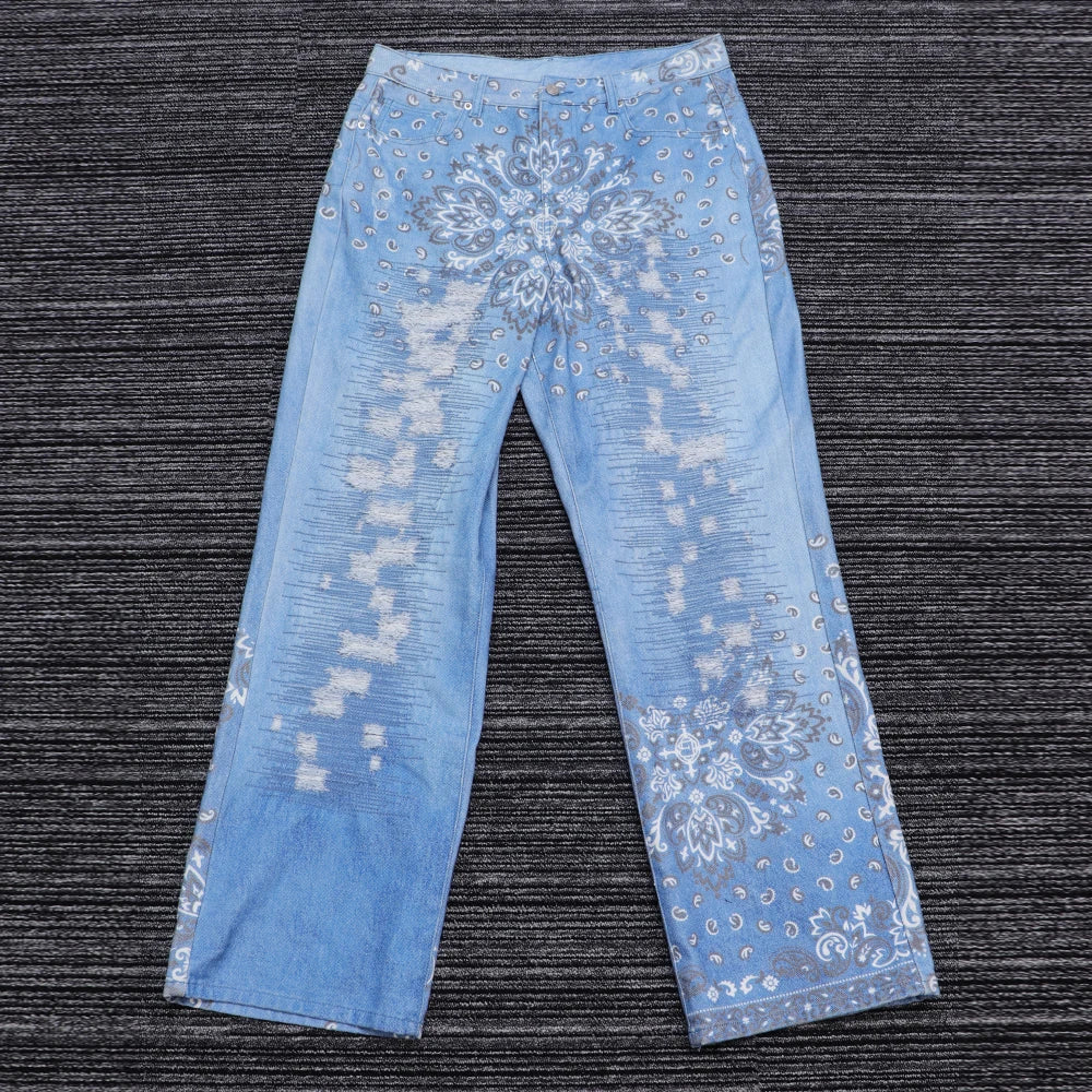 Custom Men's High Street Elegant Baggy Jean Fashion Floral Pattern Ripped Design Loose Straight Denim Pants Trousers for Men